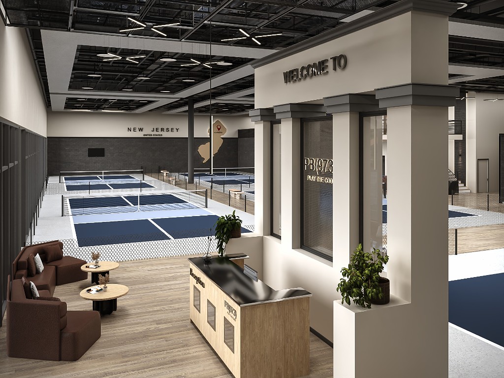 PB(973) indoor pickleball club championship courts render in Flanders NJ